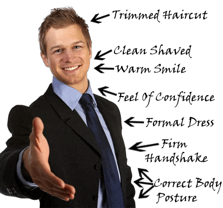 a man looking to shake someones hand with interview tips written around him