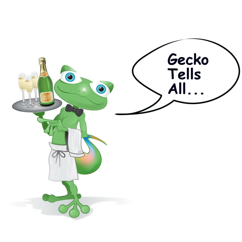 Gecko waiter with champaigne and talking bubble for podcast series