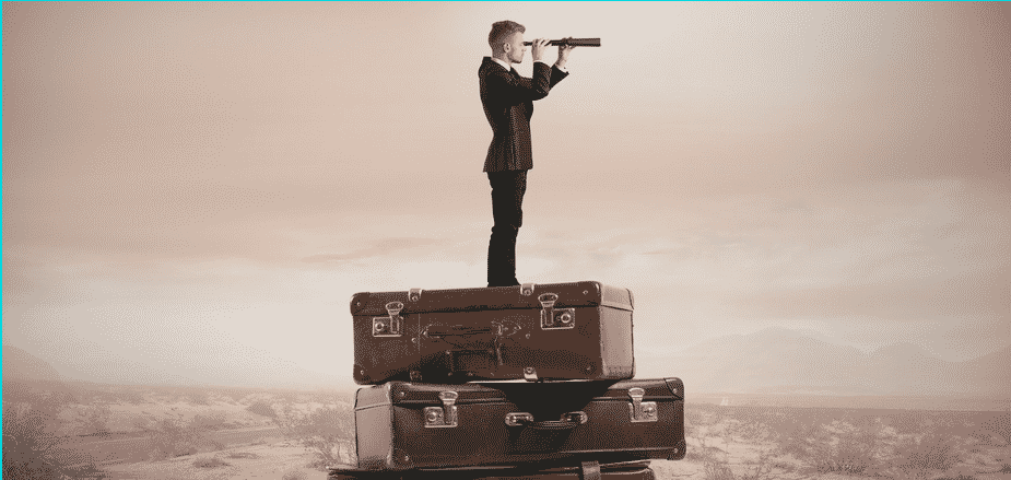 Header graphic - traveling manager standing on suitcases searching for next job