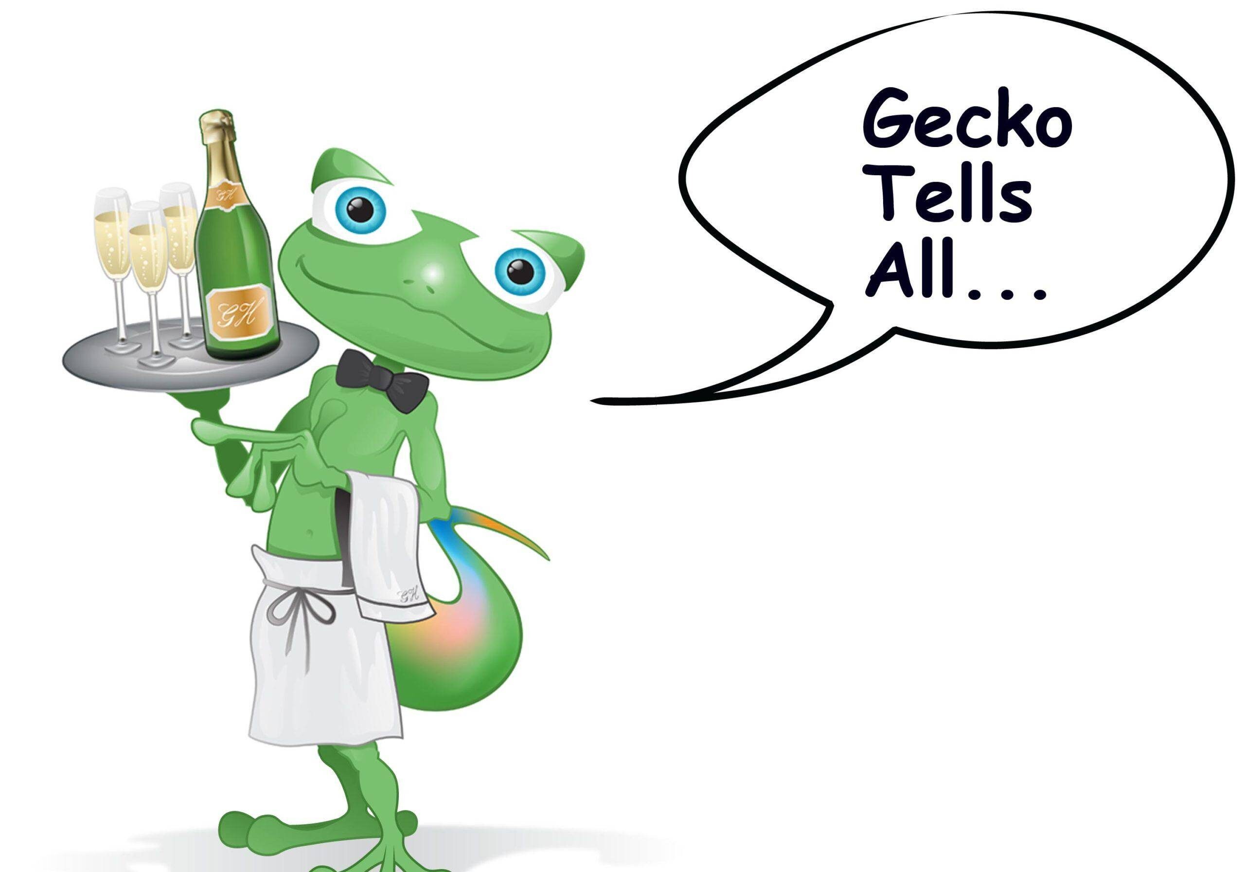 Gecko waiter with champaigne and talking bubble for podcast series