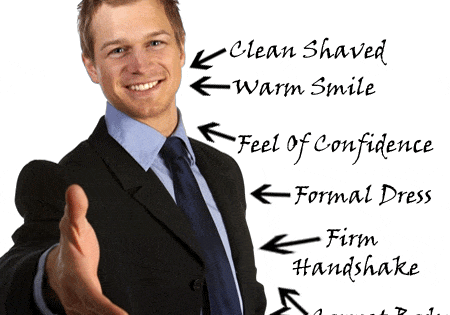 a man looking to shake someones hand with interview tips written around him